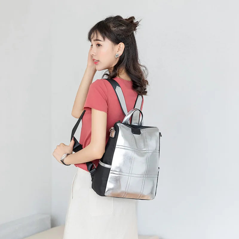 Vintage School Shoulder Bag Backpack Silver Leather Teenage B42-74
