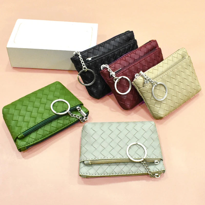 Vintage Woven Leather Coin Purse Zip Wallet Key Holder Small Money Bag