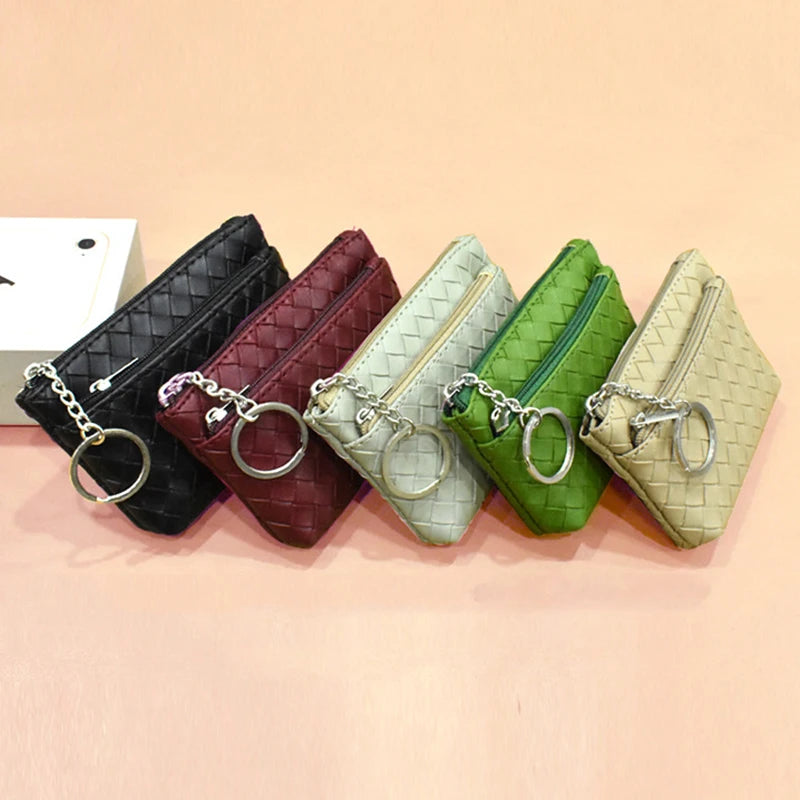 Vintage Woven Leather Coin Purse Zip Wallet Key Holder Small Money Bag