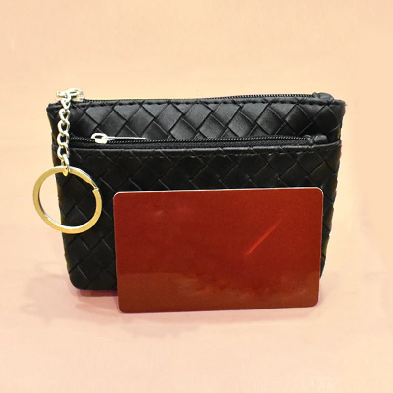 Vintage Woven Leather Coin Purse Zip Wallet Key Holder Small Money Bag