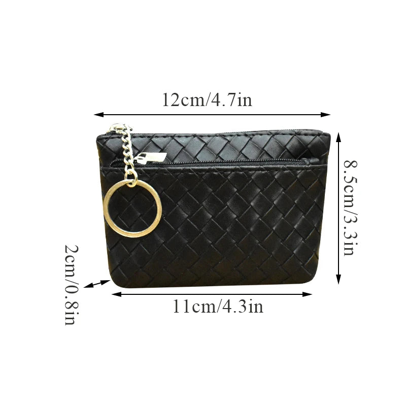 Vintage Woven Leather Coin Purse Zip Wallet Key Holder Small Money Bag