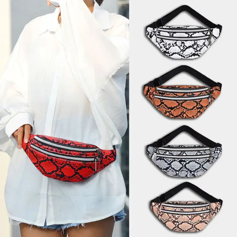 Snakeskin Waist Bag Fanny Pack Running Belt Pouch PU Chest Bag