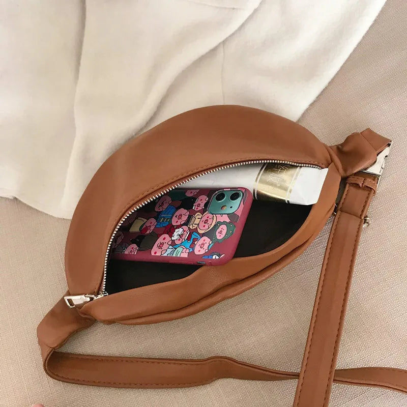 Waist Bag PU Leather Metal Button Chain Saddle Bag Fanny Pack Bananka Women