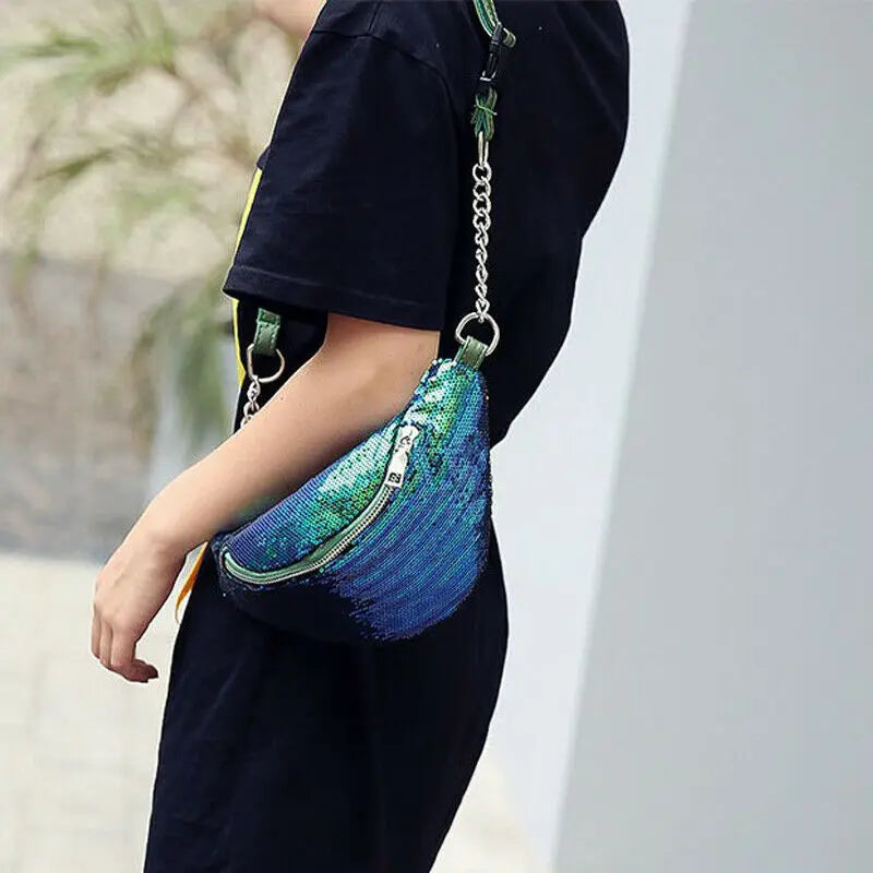 Sequin Fanny Pack Women PU Leather Waist Bag Zipper Waist Bag