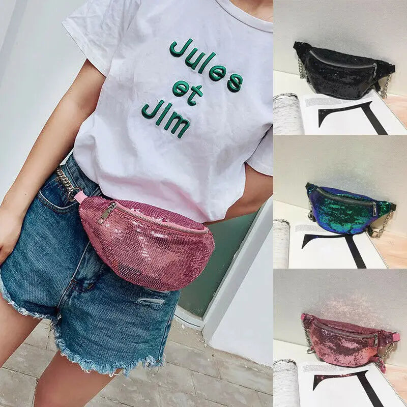 Sequin Fanny Pack Women PU Leather Waist Bag Zipper Waist Bag