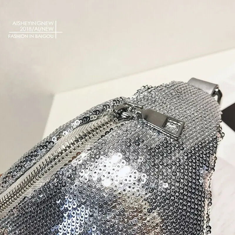 Sequin Fanny Pack Women PU Leather Waist Bag Zipper Waist Bag