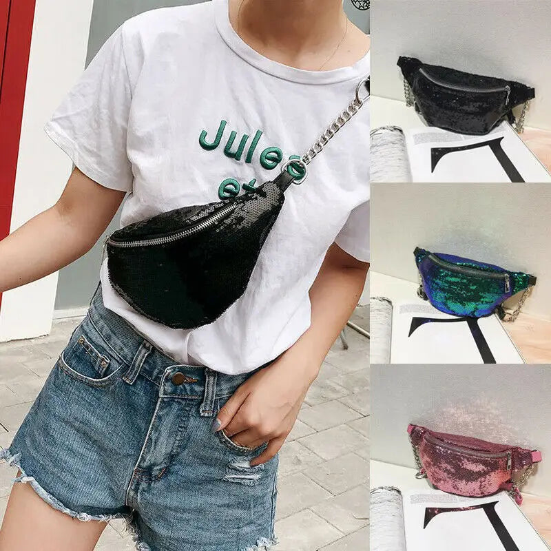 Sequin Fanny Pack Women PU Leather Waist Bag Zipper Waist Bag