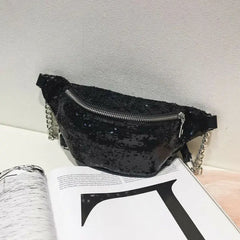 Sequin Fanny Pack Women PU Leather Waist Bag Zipper Waist Bag