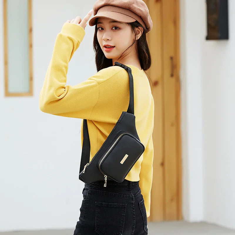 Women Solid Chest Bag Multi-functional Waist Bag PU Leather Casual