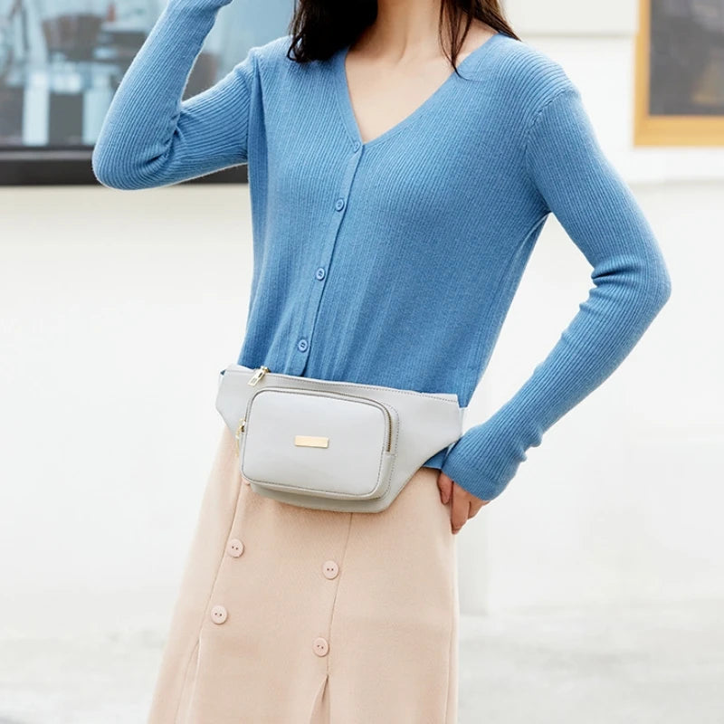 Women Solid Chest Bag Multi-functional Waist Bag PU Leather Casual
