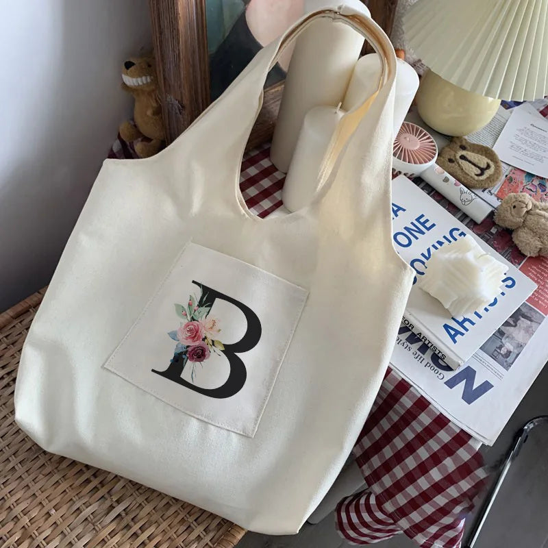 Initial Letter Pattern Print Shoulder Bag Soft Commuter Tote