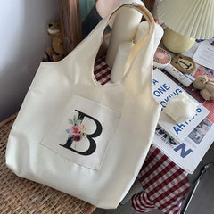 Initial Letter Pattern Print Shoulder Bag Soft Commuter Tote