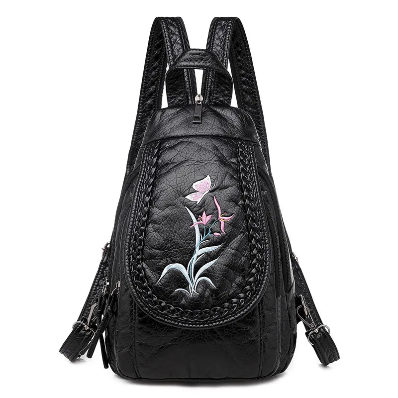 Embroidery Leather Backpack Women Travel Chest Bag School Bags for Girls