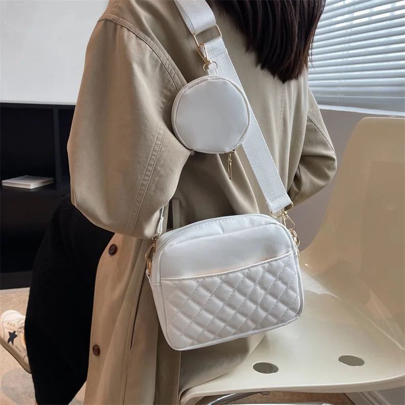 Plaid PU Leather Crossbody Bag Wide Strap Square Handbag