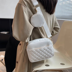 Plaid PU Leather Crossbody Bag Wide Strap Square Handbag