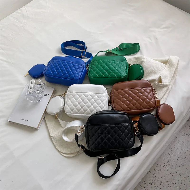 Plaid PU Leather Crossbody Bag Wide Strap Square Handbag