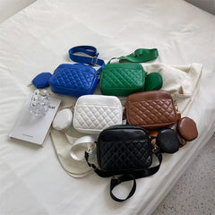 Plaid PU Leather Crossbody Bag Wide Strap Square Handbag