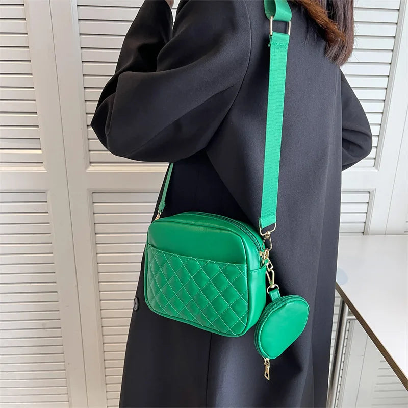 Plaid PU Leather Crossbody Bag Wide Strap Square Handbag