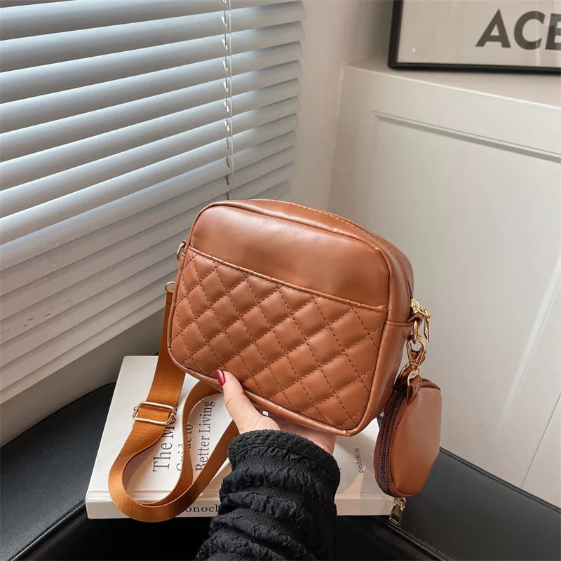 Plaid PU Leather Crossbody Bag Wide Strap Square Handbag