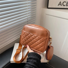 Plaid PU Leather Crossbody Bag Wide Strap Square Handbag