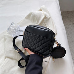 Plaid PU Leather Crossbody Bag Wide Strap Square Handbag