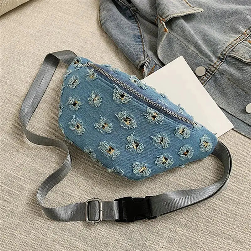 Casual Womens Waist Bag Denim Crossbody Bag Creative Hole Modeling Bags