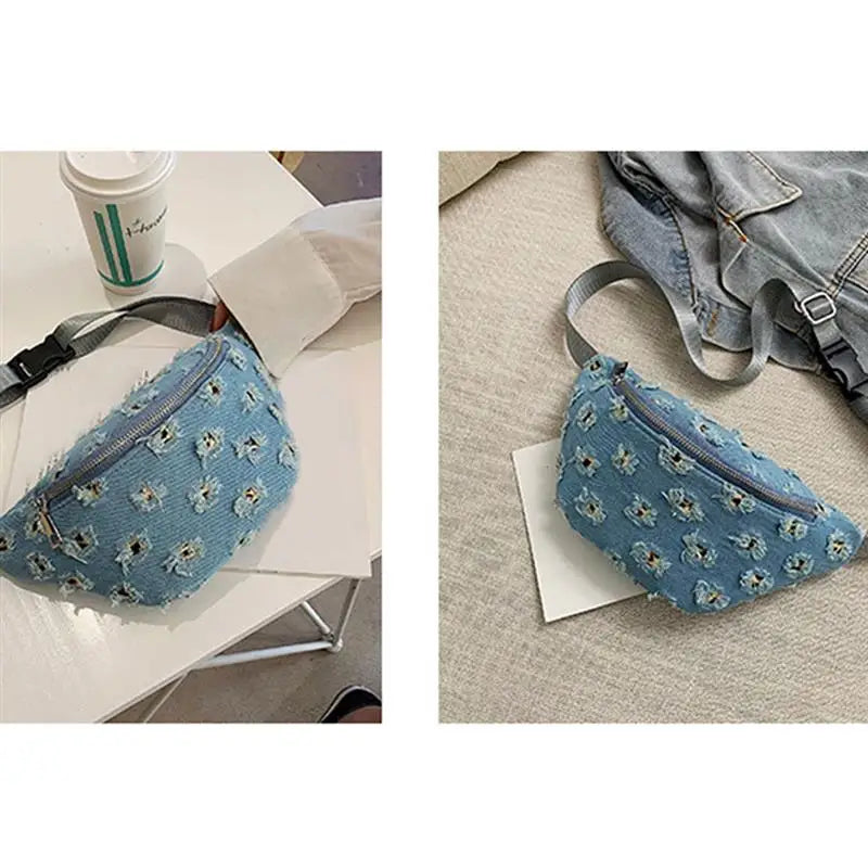 Casual Womens Waist Bag Denim Crossbody Bag Creative Hole Modeling Bags