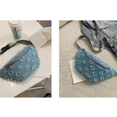 Casual Womens Waist Bag Denim Crossbody Bag Creative Hole Modeling Bags
