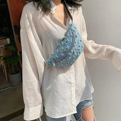 Casual Womens Waist Bag Denim Crossbody Bag Creative Hole Modeling Bags