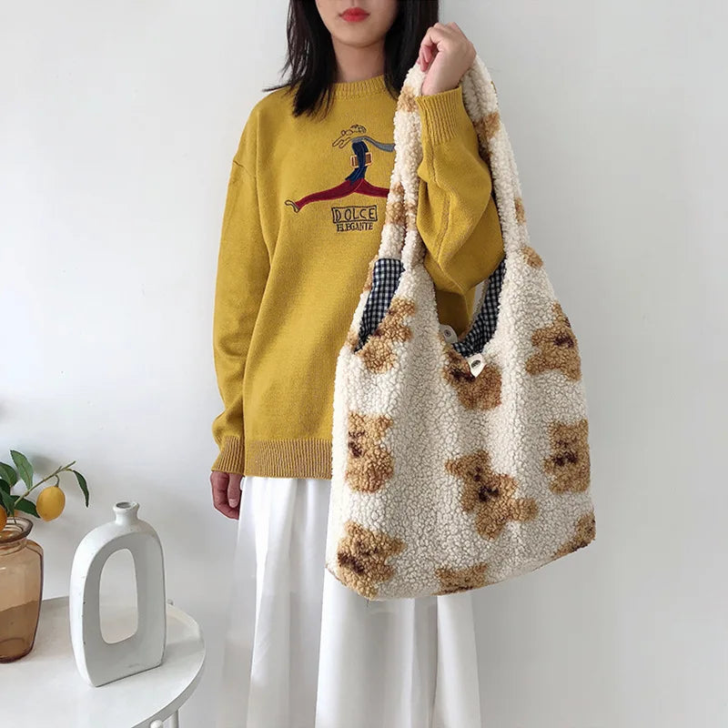 Winter Lamb Hair Shoulder Bag Women Cartoon Bear Plush Handbags