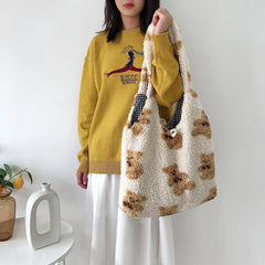 Winter Lamb Hair Shoulder Bag Women Cartoon Bear Plush Handbags