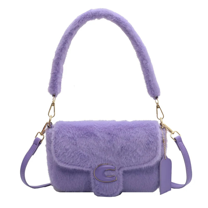 Winter Plush Bags for Women Purple Shoulder Crossbody Bags