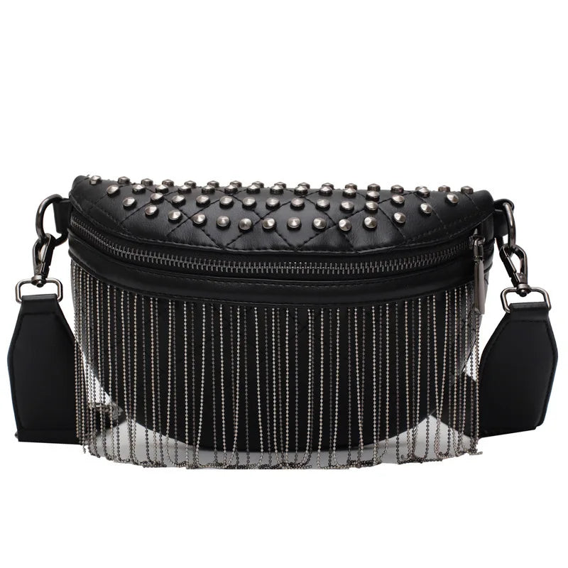 Woman Chest Bag Tassel Rivet Leather Large Capacity Shoulder Crossbody Bag