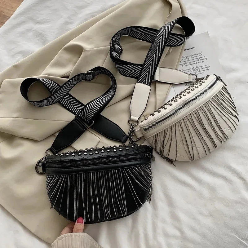 Woman Chest Bag Tassel Rivet Leather Large Capacity Shoulder Crossbody Bag