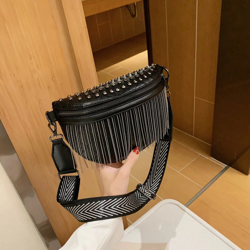 Woman Chest Bag Tassel Rivet Leather Large Capacity Shoulder Crossbody Bag