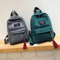 Campus Style Corduroy Backpack Solid Color Double Shoulder Bag