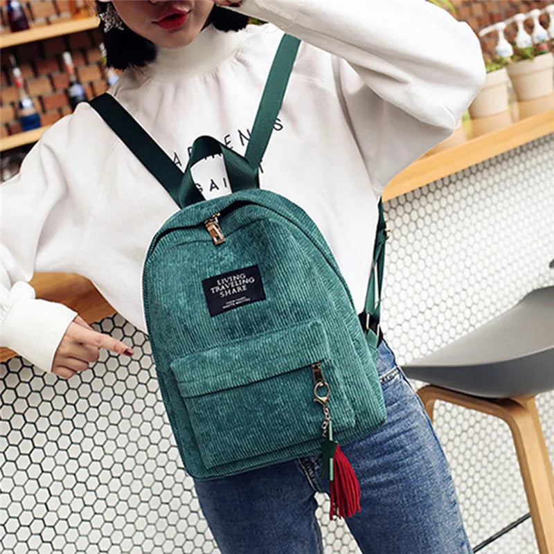 Campus Style Corduroy Backpack Solid Color Double Shoulder Bag