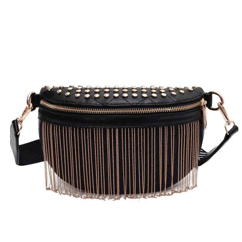 Women Waist Bag Tassel Leather Chest Pack Shoulder Crossbody Chest Bags
