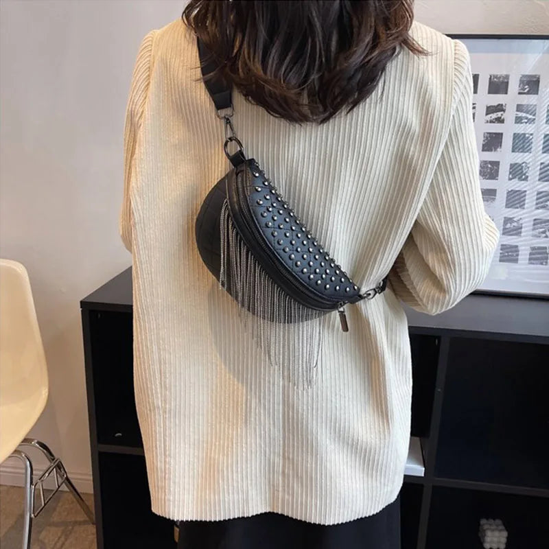Women Waist Bag Tassel Leather Chest Pack Shoulder Crossbody Chest Bags