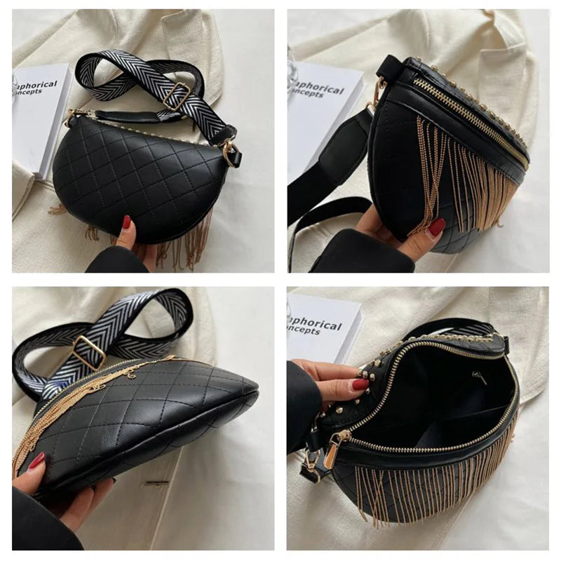 Women Waist Bag Tassel Leather Chest Pack Shoulder Crossbody Chest Bags