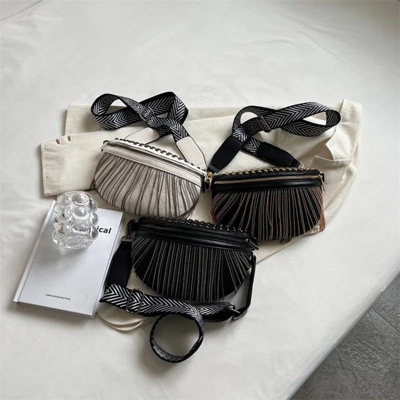 Women Waist Bag Tassel Leather Chest Pack Shoulder Crossbody Chest Bags
