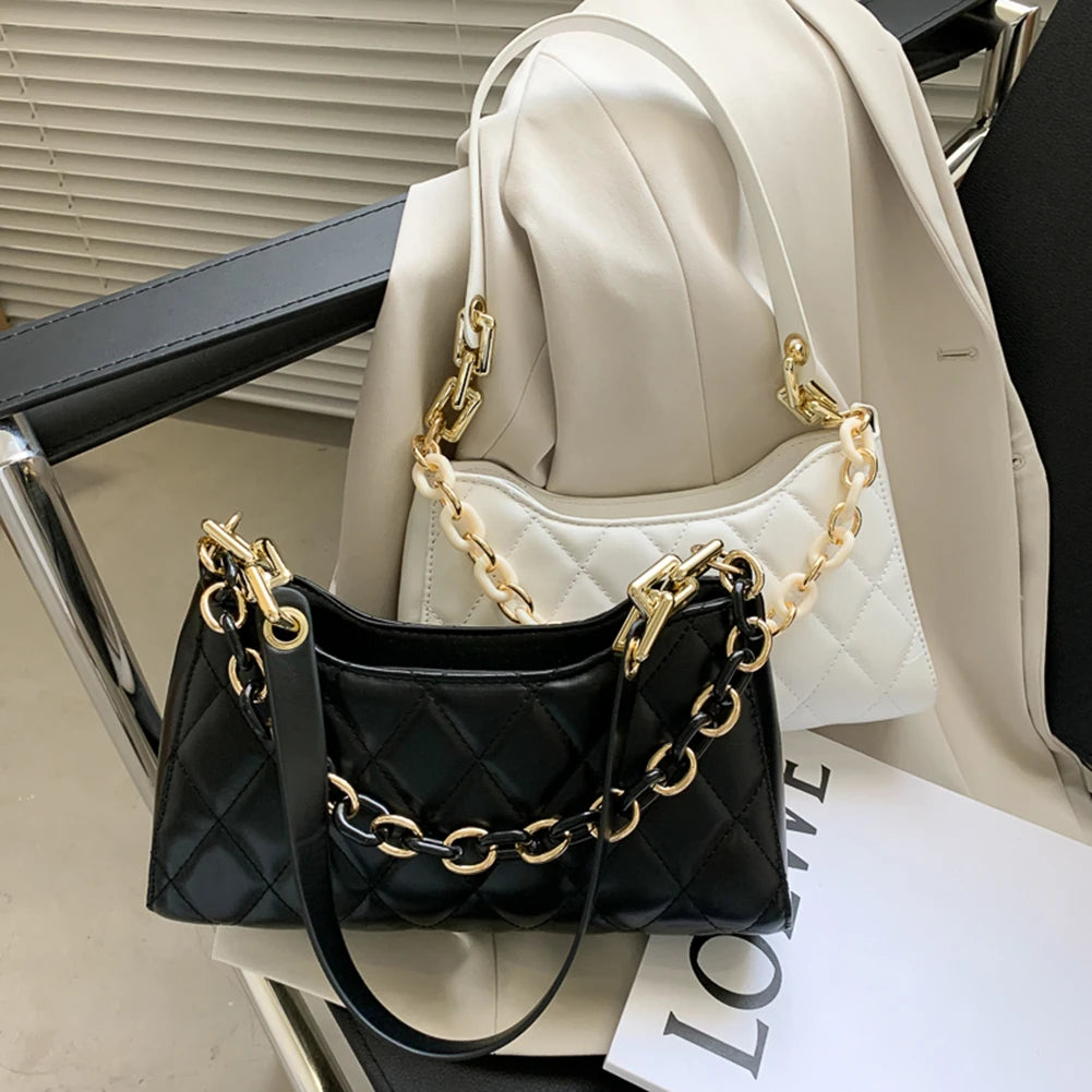 Women Acrylic Chain Handbags Lattice Pattern Underarm Purse