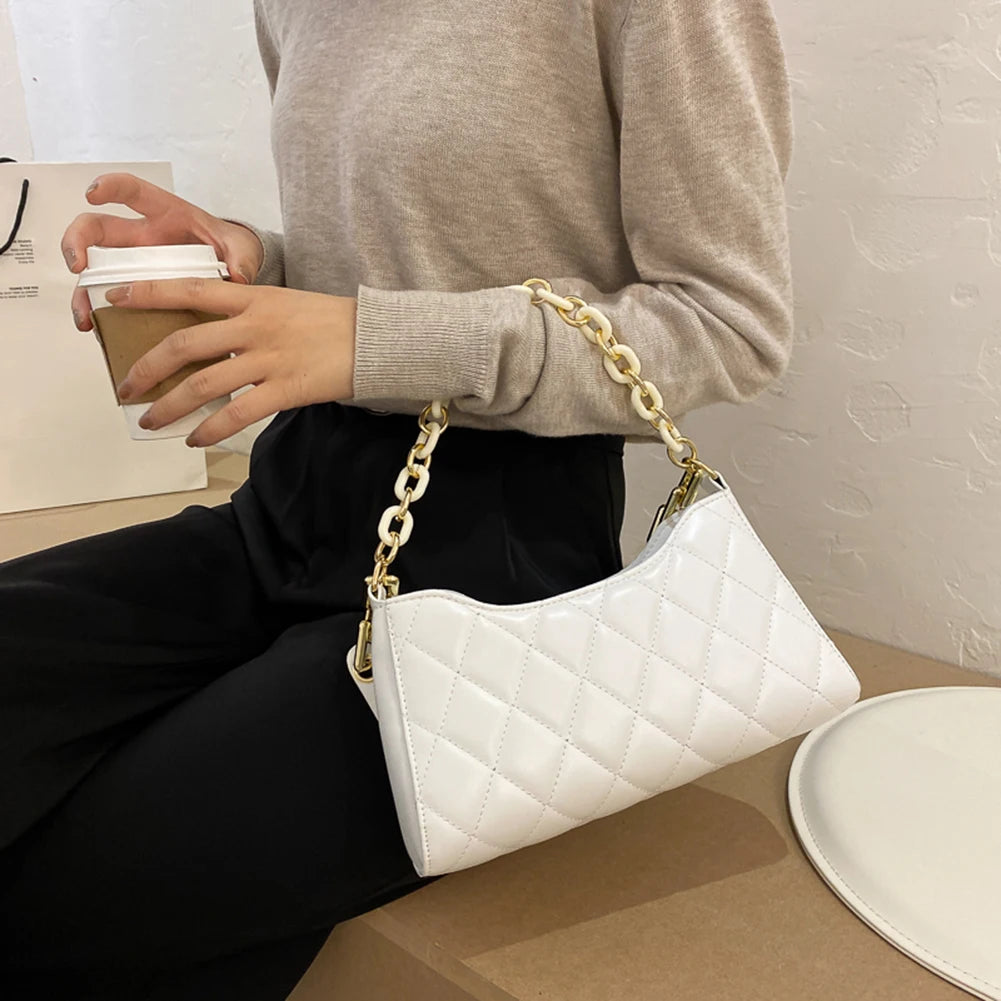 Women Acrylic Chain Handbags Lattice Pattern Underarm Purse