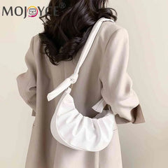 Women Armpit Bag Solid PU Leather Cloud Pleated Casual Purse