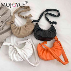 Women Armpit Bag Solid PU Leather Cloud Pleated Casual Purse