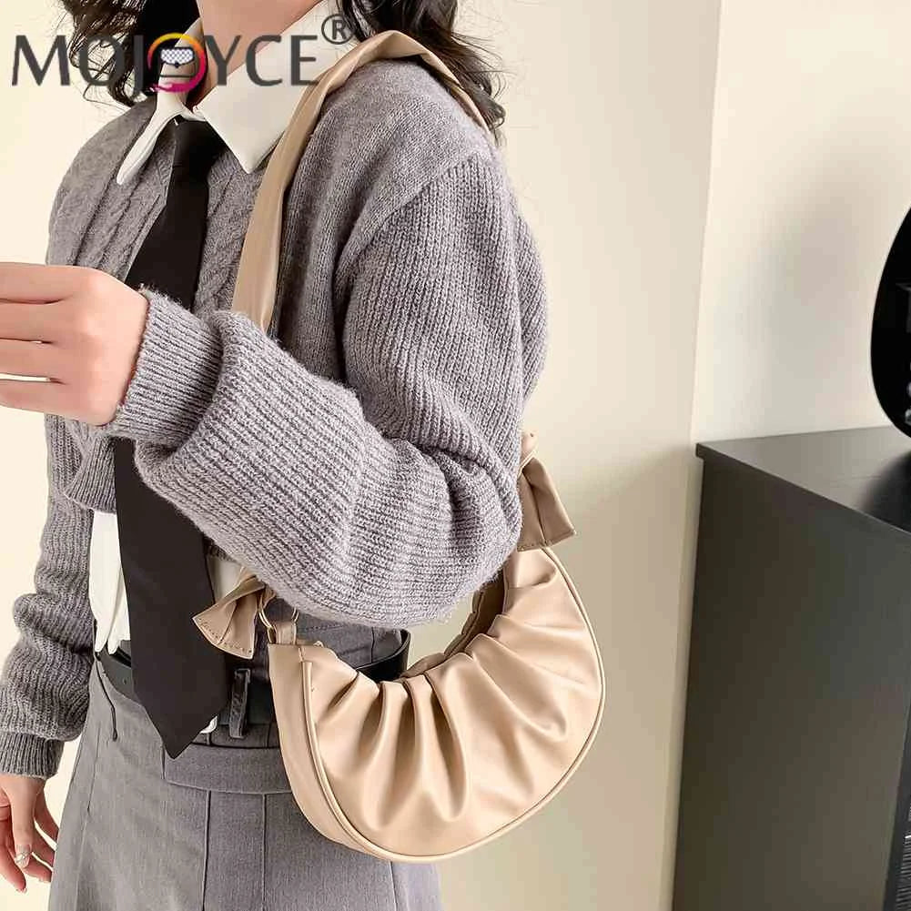 Women Armpit Bag Solid PU Leather Cloud Pleated Casual Purse