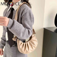 Women Armpit Bag Solid PU Leather Cloud Pleated Casual Purse