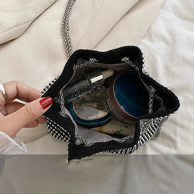 Women Rhinestone Armpit Bucket Handbag Crossbody Clutch Party Purse