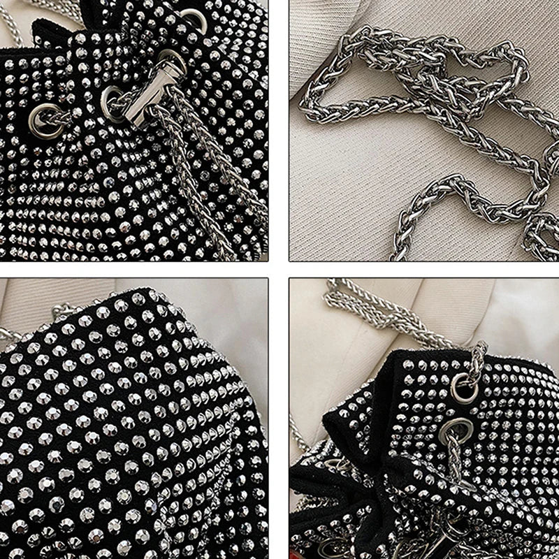 Women Rhinestone Armpit Bucket Handbag Crossbody Clutch Party Purse