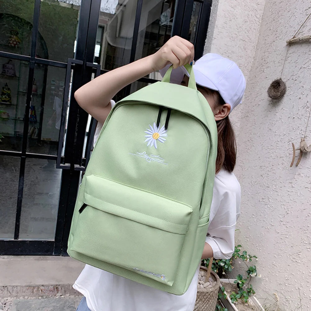 Women Backpack Daisy Embroidery Pattern Casual Shoulder Bag